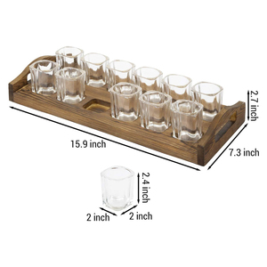 Plateau en bois de pin fini brûlé pour 12 verres à liqueur avec poignées faciles à transporter, parfait pour le service de whisky et de vodka Prix direct d'usine - Product Image 3
