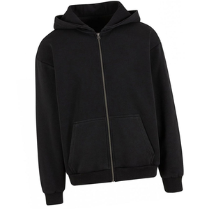 เสื้อฮู้ดซิปผู้ชาย OEM คุณภาพสูง 100% หนา 180 กรัม สีดำวินเทจ ล้างสีเรียบ กันน้ำ สำหรับฤดูหนาว สกรีนโลโก้ได้ตามสั่ง สไตล์สตรีทแวร์ - Product Image 2