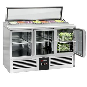 Mostrador comercial para ensaladas PREMIUM - 1365 mm - 248 L - 3 puertas de vidrio - parte superior abierta para 7 x GN 1/3 y tapa de vidrio - Product Image 1