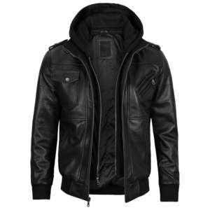 Veste noire à capuche amovible en cuir pour hommes avec design personnalisé et logo zip fermer poitrine une poche et zip - Product Image 5