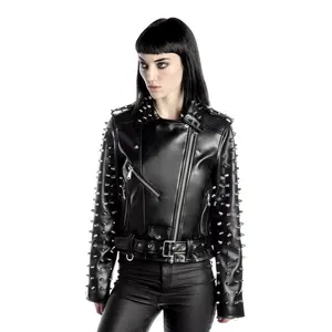महिला बाइकर्स ने पीड चमड़े के हस्तनिर्मित फैशन बेल्ट वाले पंक-स्टाइल जिपर जैकेट