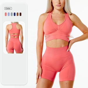 Conjunto de Sujetador deportivo de Yoga con patrón sólido Reversible, Top y pantalones cortos, ropa de gimnasio de secado rápido para correr, opciones de talla grande - Product Image 1