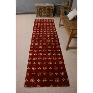 Turkish Vintage Rug, 2.7x9.1 ft <b>Runner</b> Rug, <b>Red</b> Yellow Ikat Rug - Product Image 1