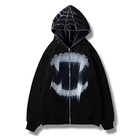Trend Büyük Beden Grunge Fermuarlı Kapüşonlu Sweatshirt %100 Pamuk Günlük Sokak Giysisi, Yapay Elmas Örümcek Ağı ve Diş Grafik Tasarımıyla
