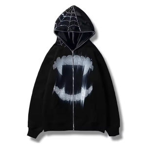 Trending Oversized <b>Grunge</b> Zip-Up <b>Hoodie</b> 100% Cotton Casual Streetwear with Rhinestone Spider Web & Tooth Graphic Design - Product Image 1