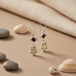 Pendientes Colgantes de Plata 925 con Baño de Oro de 18K, Estilo Vintage, con Granate, Citrino, Oro Blanco y Perla, para Mujer - Product Image 2