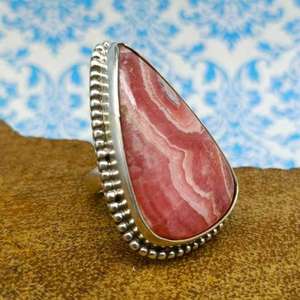 Bague en pierre précieuse de rhodochrosite naturelle en argent antique belle forme de poire bijoux en pierre pour mariages couleur rouge blanc - Product Image 4