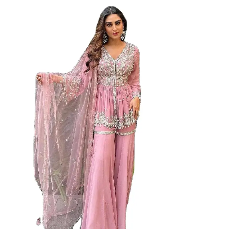 Pembe renkli tasarlanmış Punjabi moda hint resepsiyon özel Shalwar takım Sharara kadınlar için