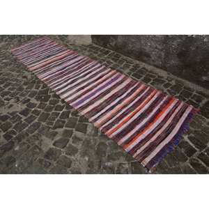 Vintage Turkish <b>Rug</b> <b>Rustic</b> Beige Striped Wool Large Area 3 X 12.3ft Latex for Teen Rectangular Abstract Patchwork for Hallway - Product Image 2