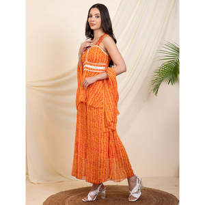 Conjunto Coordinado Indo-Occidental para Mujer, Estampado Naranja, Dos Piezas de Chifón, Talla XS/XS, Estilo Blazer Formal - Product Image 3