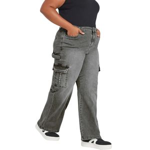 กางเกงยีนส์เดนิมทรงคาร์โก้สำหรับผู้หญิงไซส์ใหญ่ เอวสูง หลายกระเป๋า เนื้อผ้านุ่ม ยืดหยุ่น สวมใส่สบาย ทันสมัย - Product Image 2