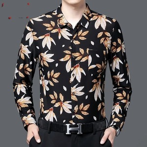 Primavera otoño hombres botón Turn-Down Collar sólido planta y flores impreso Floral dibujos animados manga larga cárdigan camisa Casual Tops - Product Image 4