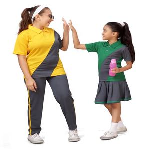 Girls School Children <b>Black</b> Round Neck T-Shirt with Track Pant and Blue <b>Pinafore</b> Dress Set for Sports Uniform - Product Image 5