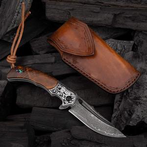 มีดพับแคมป์ปิ้งสุดเท่ รุ่นใหม่ ปี 2023 ลายใบมีดดามัสกัสสุดพิเศษ พร้อมด้ามไม้และปลอกหนัง - Product Image 4