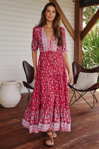 OEM ที่กําหนดเองสาวชายหาดฤดูร้อนพิมพ์ลายดอกไม้ Boho ยาวเรยอน Ruffles ลําลองคอวีเซ็กซี่ Boho Maxi Plus ชุดเสื้อคลุมหญิง - Product Image 6