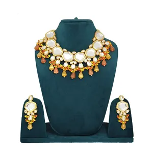 Conjunto de Collar Kundan Vintage Chapado en Oro Naranja y Amarillo, Joyería Fina para Novia a Base de Cobre con Piedra Monalisa para Bodas - Product Image 1