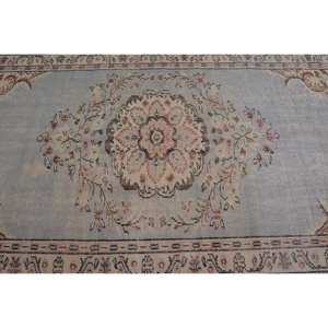 Classique bleu Beige Vintage tapis turc 4.9 X 8.3ft fait à la main Patchwork Design laine bambou soie Latex pour salon couloir Rectangle - Product Image 5