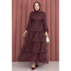 Vestido de Gasa Borgoña con Estampado de Puntos, Silueta en A Modesta con Cintura Imperio y Cinturón - Product Image 4