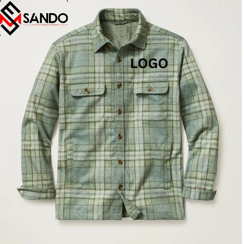 Camisa de algodão com logotipo personalizado, camisa masculina de manga longa com botão para baixo, camisa xadrez e flanela para homens
