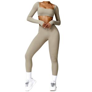 Ensemble 2 pièces pour femmes, hauts courts à manches longues respirants et sans couture de haute qualité, séchage rapide, leggings de yoga écologiques - Product Image 1