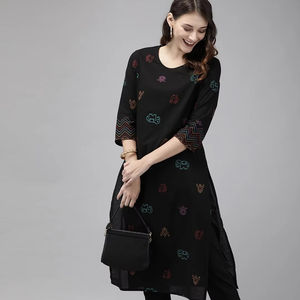 women Black Printed pure cotton Kurta with <b>Trousers</b> <b>indian</b> pakistan salwar kameez - Product Image 1