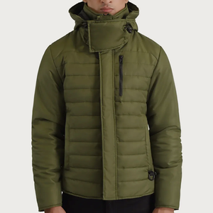 Olive Green Quilted Padded Hooded <b>Jacket</b> for Men Water-Resistant Winter Outerwear <b>Fleece</b> <b>Lining</b> Adjustable Hood Stand Streetwear - Product Image 3