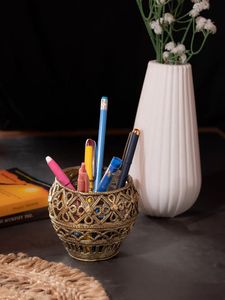 Support à stylos en bois d'art Dokra complexe, travail Jaali, hauteur de 4 pouces, organisateur de fournitures de bureau, organisateur de bureau et de maison - Product Image 2