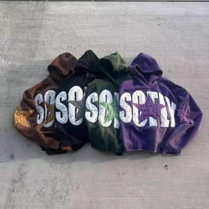 ชุดวอร์มเฮฟวี่เวทกำหนดได้เองสำหรับผู้ชายมีฮู้ดมีซิปและกางเกงขาบานสำหรับใส่วิ่งแนวสตรีทผ้าปะติดเสื้อสวมหัวซักกรด - Product Image 5