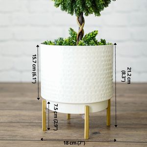 Pot de fleurs en métal blanc martelé avec support, décoratif, intérieur/extérieur, jardin, porte-plantes moderne pour la maison, le bureau, le salon - Product Image 4