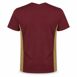Camiseta al por mayor color borgoña con cuello en V y paneles laterales color canela, ropa casual de algodón personalizada de manga corta para hombre - Product Image 2