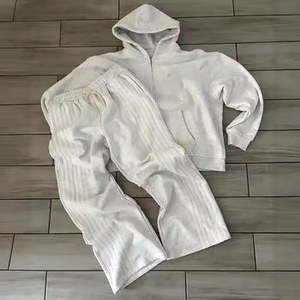 Streetwear personnalisé lavé à l'acide Vintage survêtement unisexe à capuche en détresse Patchwork polaire 100% coton à capuche pantalon de survêtement ensemble - Product Image 4