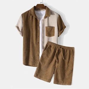 Summer Men Short Sleeve Shirts Shorts Fashion Corduroy Casual Oversized Mens Solid Color Two Pieces Shorts <b>Sets</b> - Product Image 1