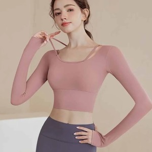 Top corto de manga larga para Fitness para mujer, Camiseta deportiva con copas incorporadas, Jersey sólido, camisetas de gimnasio para Yoga, Pilates, entrenamiento - Product Image 5