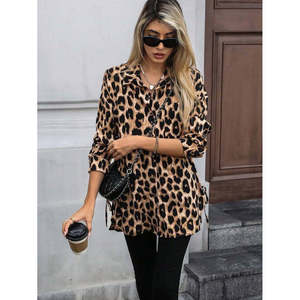 Women'<b>s</b> Long-Sleeved Collared Button-Front, Side-Tie Leopard Print Modal <b>Blouse</b>, 30331 - Leopard - Product Image 5