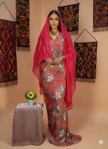 Robe de mariée longue à la cheville, style classique, élégante, tendance, traditionnelle, rose fuchsia, Maqbal Dirac, jacquard, motif floral, pour filles - Product Image 2