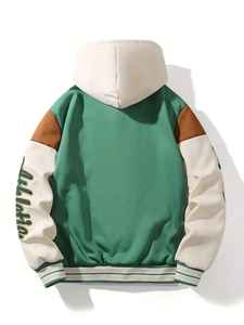 American Embroidered <b>Leather</b> Sleeve Baseball <b>Winter</b> <b>Jacket</b> Men's Long Sleeve Waterproof Stand Collar Front Logo Coat - Product Image 3