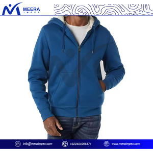 2025 unisexe en gros solide bleu fermeture éclair à capuche 100% coton tissu personnalisé brodé Logo grande taille à capuche pour hommes et femmes - Product Image 3