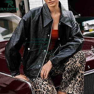 Manteau moto en cuir denim imperméable coupe slim tendance pour femme avec logo uni et rembourrage en coton - Product Image 2