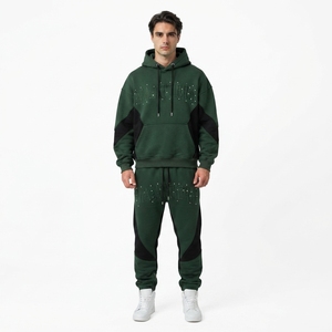 Ensemble survêtement personnalisé pour homme, vert foncé avec empiècements noirs, en molleton de coton, style streetwear, vente en gros OEM - Product Image 1