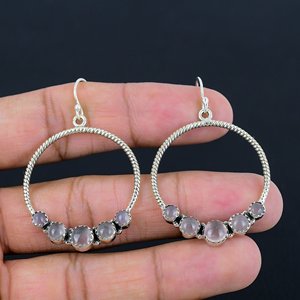 <b>Best</b> Quality Natural Solid 925 Sterling Silver Hoop Earrings Rose Quartz Gemstone Handmade Wedding Gift Jewelry for Women - Product Image 5