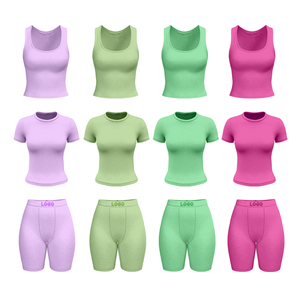 Custom Summer Sets Women's Loungewear Two Piece Cotton Ribbed Short Sleeve Tank <b>Top</b> Shorts Lounge Wear 2 Piece Sets for Women - Product Image 1