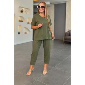Women's Short-Sleeved V-Neck <b>Sequined</b> Viscose Two-Thread Blouse and <b>Pants</b> Two-Piece Set, 36145 - Khaki - Product Image 2