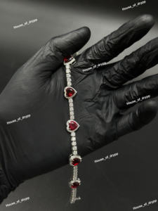 <b>Red</b> Heart Cut Tennis <b>Bracelet</b> Silver With Moissanite Diamond Look Stones Iced Out Design Romantic Luxury Jewelry For Unisex - Product Image 3