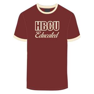 HBCU Educated Men Chenille Contrast <b>Trim</b> Ringer T Shirt Maroon with Neutral Embroidered Letters Soft Cotton Collegiate Apparel - Product Image 2