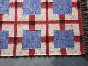 Handwoven Wool Kilim Rug, Blue Red Geometric Carpet, Boho Living Room Area Rug, Checkered Pattern Floor <b>Mat</b>, Modern Wool Dhurrie - Product Image 6