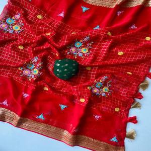 ผ้าส่าหรี VASTRA COTTAGE ผ้าจอร์เจตแท้ พร้อมลายปัก Gamthi ดีไซน์ลายตาราง  ขอบผ้าส่าหรีตกแต่งพู่ห้อย  ผ้าส่าหรีสำหรับงานเลี้ยงสุดหรู - Product Image 5