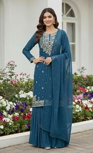 Conjunto de Salwar Kameez con Dupatta, de corte recto, con bordado multicolor y detalles de espejo, exquisitamente diseñado, para bodas. - Product Image 5
