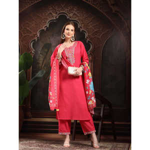 Kurta de Algodón Puro con Bordado Floral para Mujer, con Trabajo de Hilo Regular, Incluye Pantalones y Dupatta - Conjunto Regular - Product Image 1