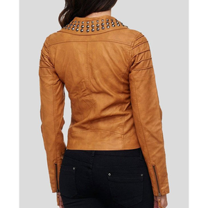 Logotipo personalizado de fábrica Cuello extendido de alta calidad Cremallera bidireccional Hebilla Rayas Patchwork High Rise Chaqueta de cuero granulado - Product Image 6