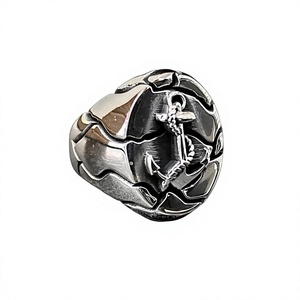 Vintage Men's Sterling Silver Nautical <b>Ring</b> with Rudder Ship Anchor Fractured Pattern-Sailors' Special Jewelry - Product Image 1